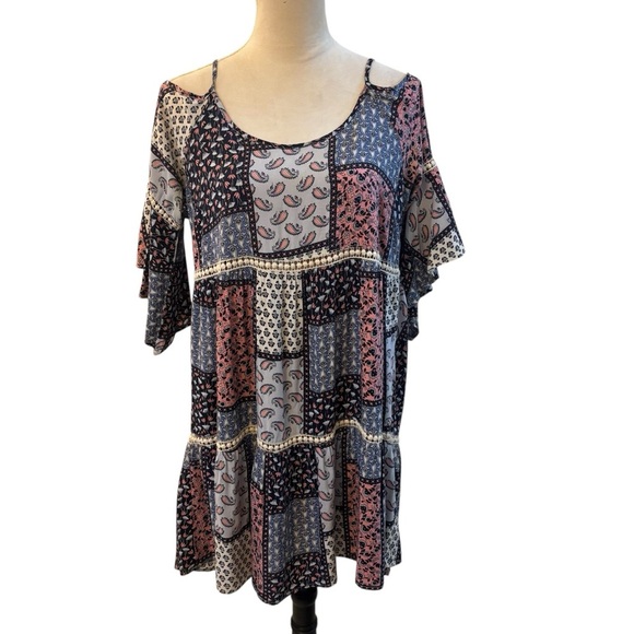 Umgee Patchwork Floral Paisley Bohemian Ruffle Bell Sleeve Dress Cottagecore M - Picture 1 of 13